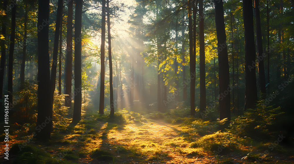 Fototapeta premium A peaceful morning in the forest. nature and serenity concept. Shadowsong. Illustration