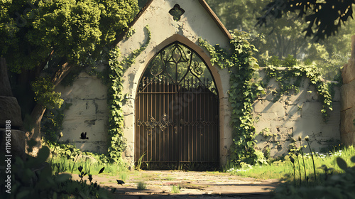 A simple iron gate at a countryside chapel, where ivy creeps up the sides and the sound of birdsong fills the air. Shadowsong. Illustration