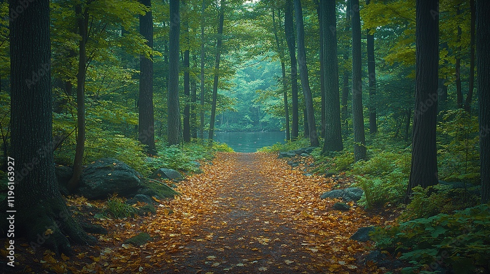 Obraz premium A serene forest path lined with autumn leaves leading to a calm body of water, evoking tranquility and nature's beauty.
