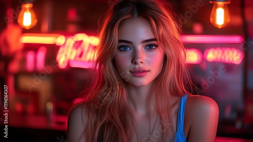 Blonde woman portrait, neon lights.