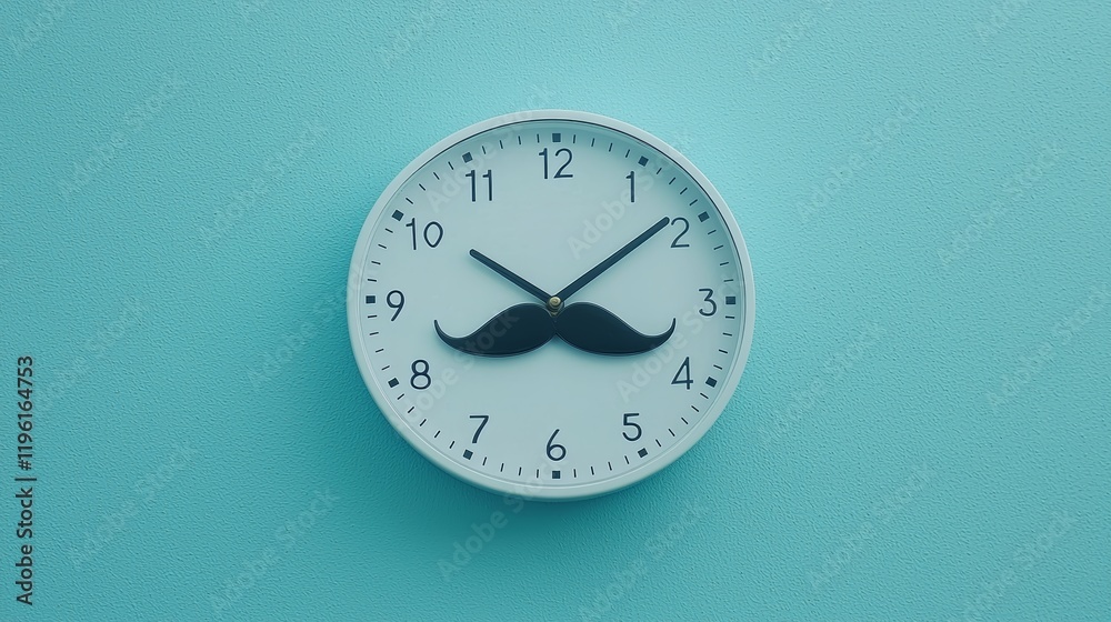 Fototapeta premium Vintage Clock with Black Mustache Design on Blue Wall Background
