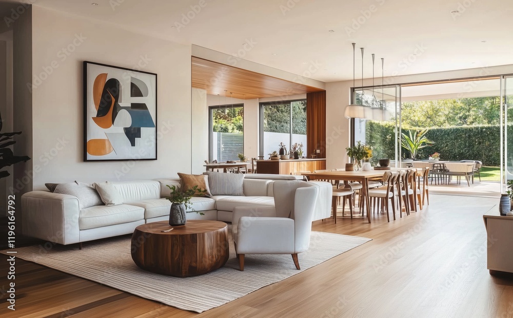 Fototapeta premium Stylish Modern Living Room with Open Layout and Natural Light Streaming In 