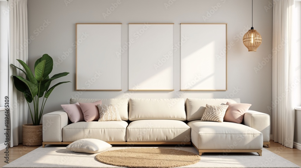 Fototapeta premium Modern Boho living room interior style. Empty wall mock up. Wall art. wall background. 3d rendering, 3d illustration