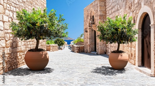 Wallpaper Mural Mediterranean village street with potted trees Torontodigital.ca