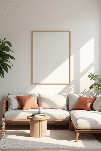 Modern Boho living room interior style. Empty wall mock up. Wall art. wall background. 3d rendering, 3d illustration