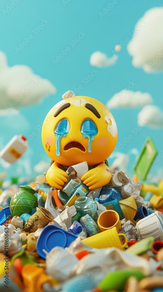 Fototapeta premium Sad Emoji Drowned in Plastic Waste: A 3D Render Depicting Environmental Pollution and its Impact