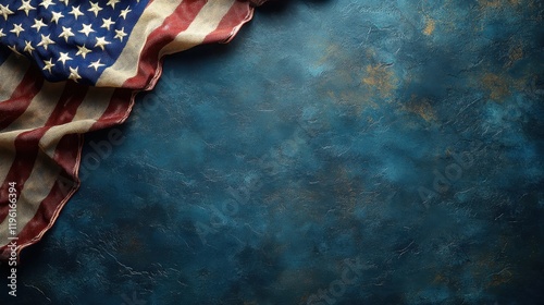 Photo of an American flag elegantly displayed on a navy blue background