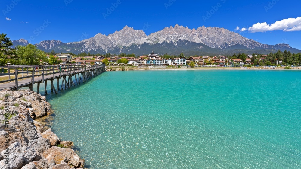 Fototapeta premium Serene Lake Surrounded by Majestic Fir Trees Under Clear Blue Sky with Rugged Mountains