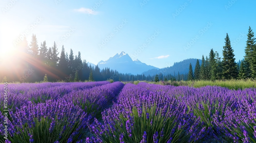 Naklejka premium Scenic lavender field with mountains and blue sky.