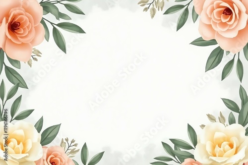 A pastel-themed invitation with soft peach, cream, and pale yellow flowers arranged around the edges