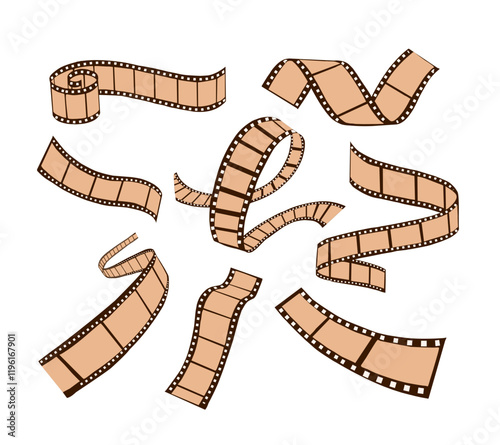 A collection of vintage wavy film strip roll illustrations, featuring classic cinema reels, for film festivals, photography projects, retro designs, and creative storytelling visuals