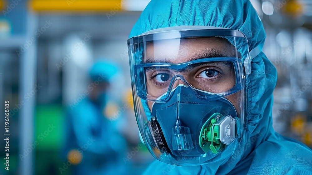 Close-up of a worker in protective gear, focused on safety in a sterile environment, with machinery in the background Close-up of a worker in protective gear, focused on safety in a sterile environment, with machinery in the background