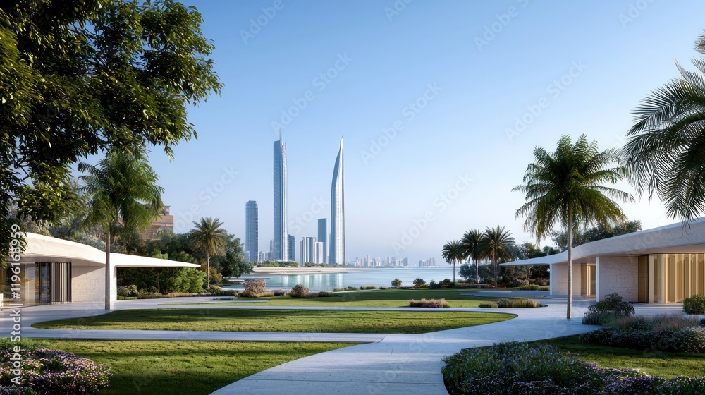Obraz premium Coastal City Park with Modern Buildings