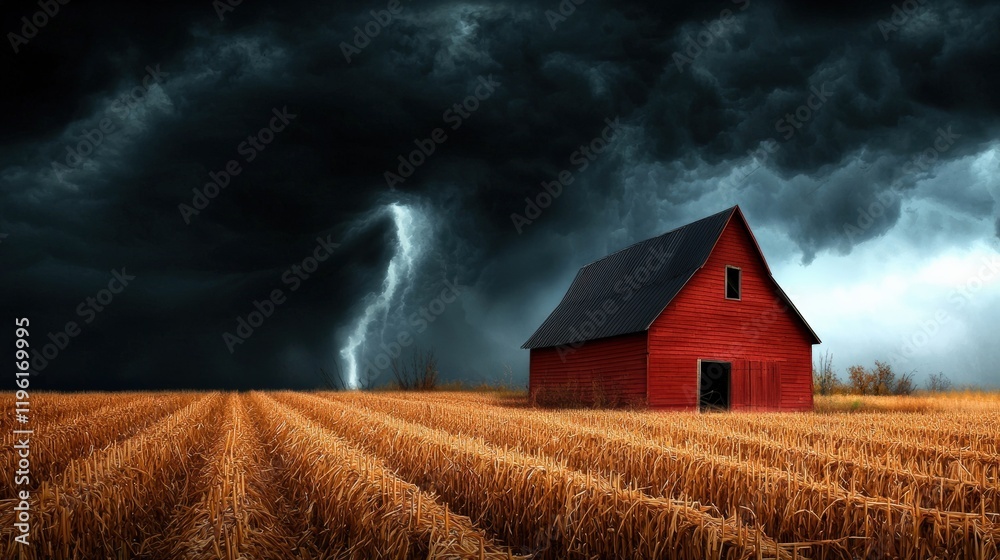 A dramatic scene featuring a red barn amidst a stormy sky, with dark clouds and lightning illuminating a field of golden crops. A dramatic scene featuring a red barn amidst a stormy sky, with dark clouds and lightning illuminating a field of golden crops.