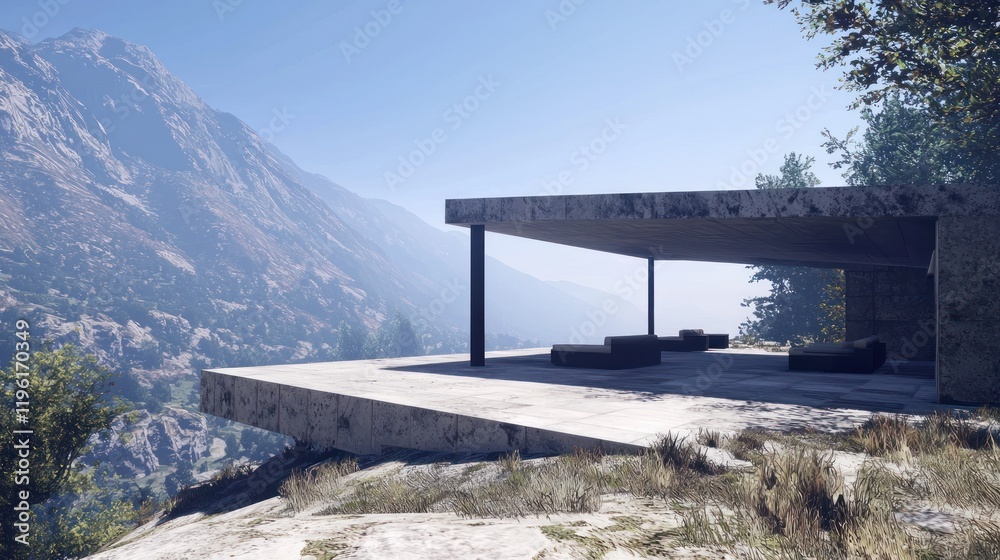 Modern architectural structure overlooking a mountainous landscape. Modern architectural structure overlooking a mountainous landscape.