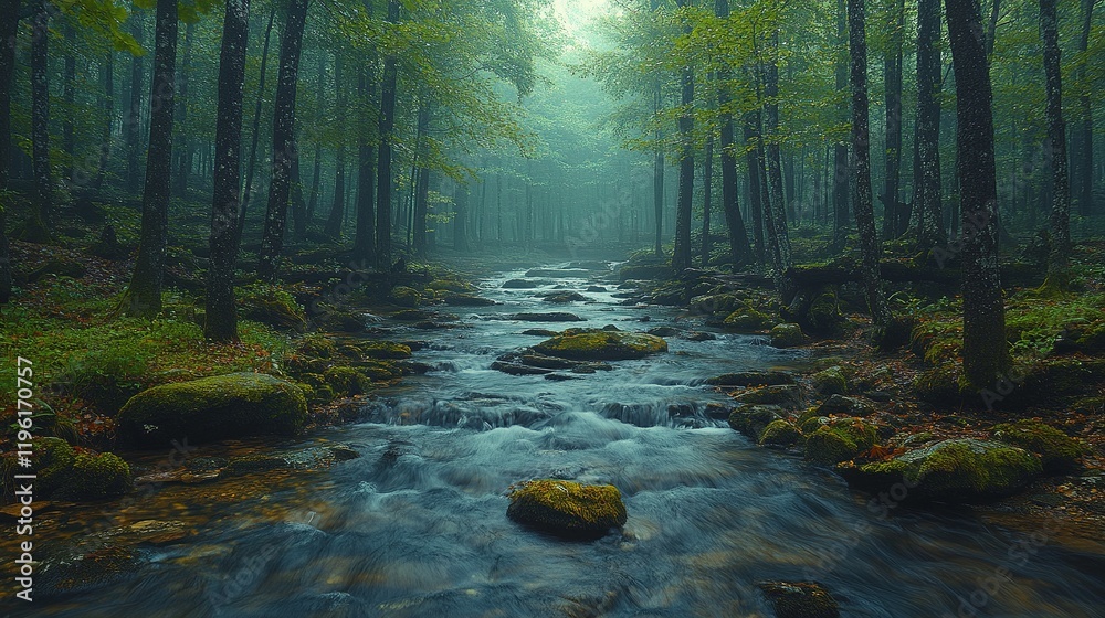 Obraz premium A serene forest scene with a flowing stream, surrounded by lush greenery and mist, evoking tranquility and nature's beauty.