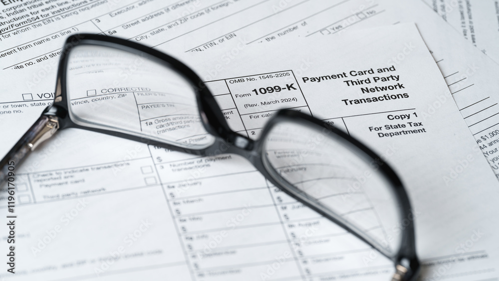 Form 1099-K, Payment Card and Third Party Network Transactions, IRS Tax Document Close-Up Form 1099-K, Payment Card and Third Party Network Transactions, IRS Tax Document Close-Up