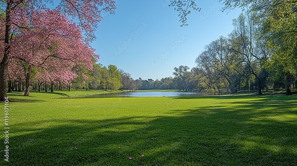 A serene park scene featuring a tranquil lake surrounded by lush greenery and blooming trees under a clear blue sky. A serene park scene featuring a tranquil lake surrounded by lush greenery and blooming trees under a clear blue sky.