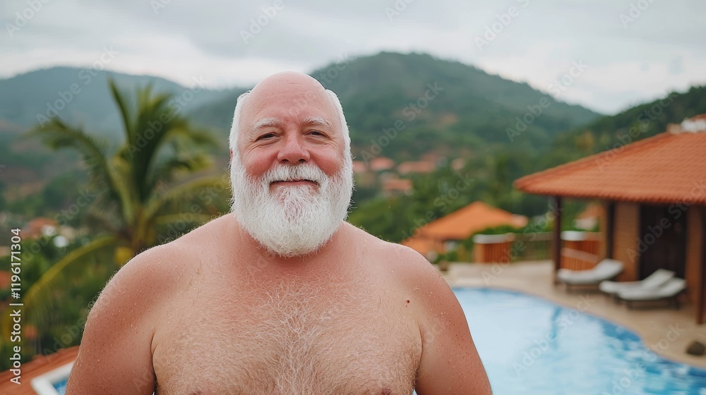 Naklejka premium Happy Elderly Man Enjoying a Refreshing Swim in a Beautiful Tropical Setting