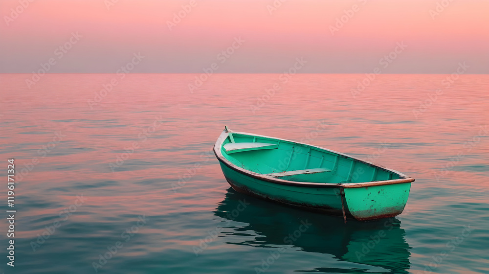 Serene Sunset Small Rowboat on Calm Water, small boat, teal boat, green boat, sea, ocean Serene Sunset Small Rowboat on Calm Water, small boat, teal boat, green boat, sea, ocean