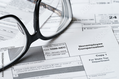 Form 1099-NEC, Nonemployee Compensation, IRS Tax Return Filing Document Close-Up