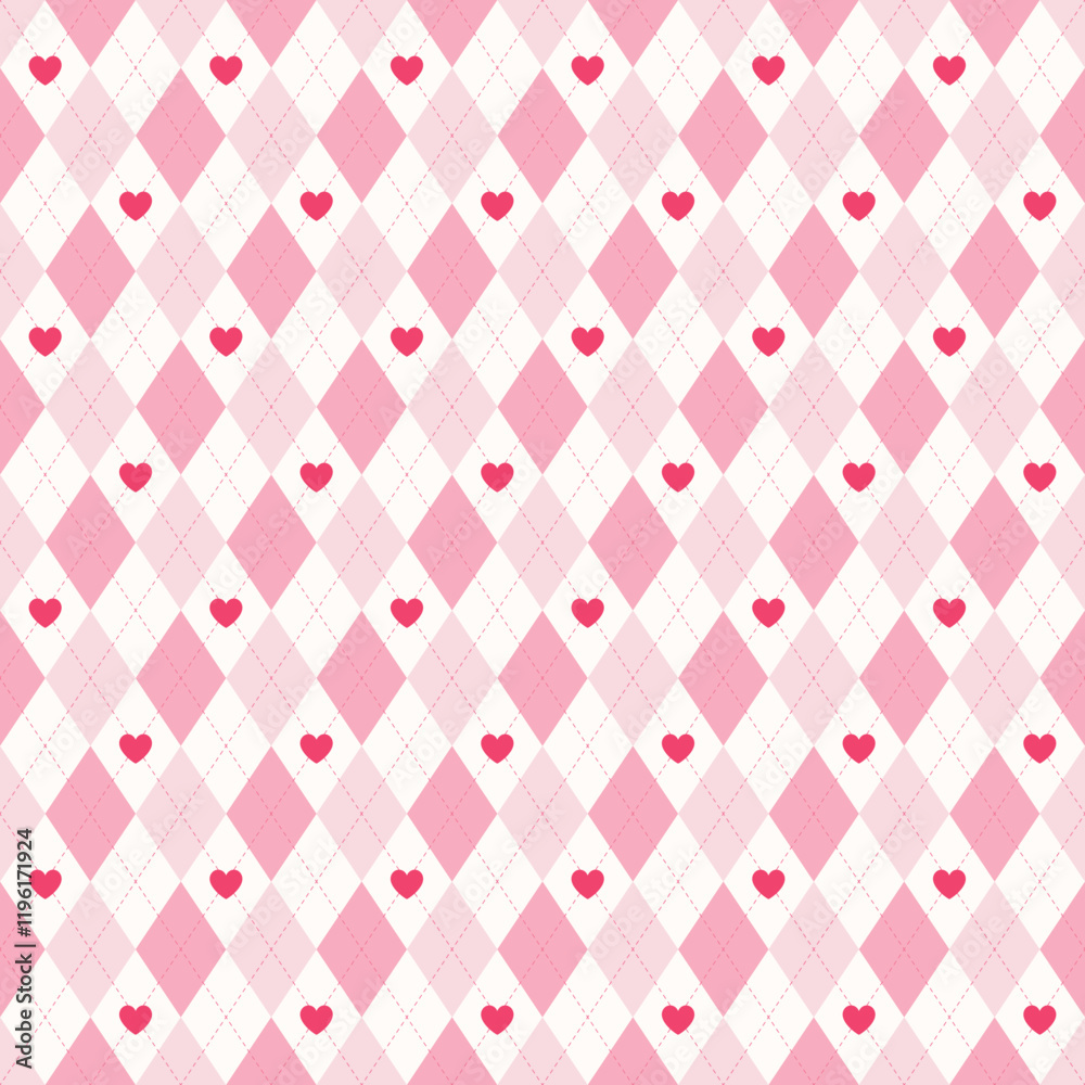 Seamless pattern with pink heart and argyle background for Valentine’s Day backdrop, card, banner, wallpaper, wrapping, print. Vector illustration.
