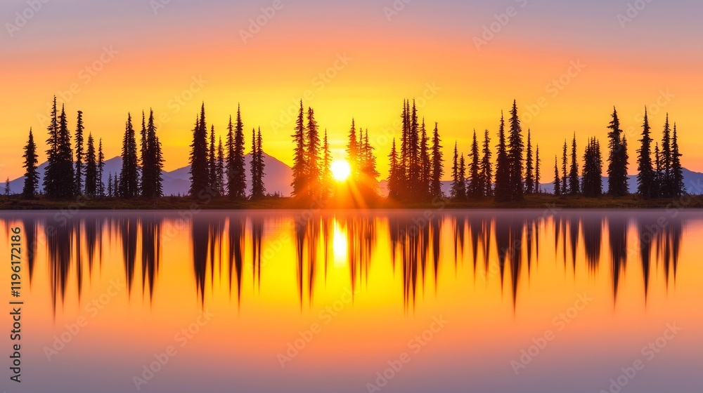 Obraz premium Serene Sunset Reflection Over Mountains with Fir Trees in a Tranquil Landscape