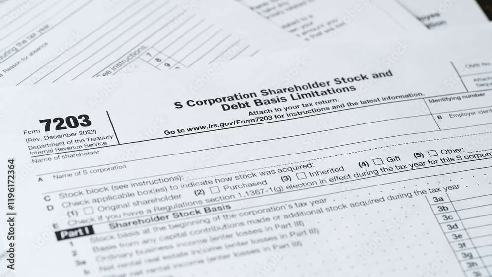 Form 7203, S Corporation Shareholder Stock and Debt Basis Limitations, Tax Document Close-Up Form 7203, S Corporation Shareholder Stock and Debt Basis Limitations, Tax Document Close-Up