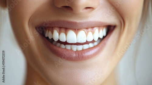 close-up of smiling face showing perfectly white teeth with background softly blurred to create focus photo