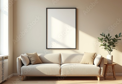 Contemporary Poster Mockup in Sleek Black Frame Over Textured Beige Sofa - Emphasizing Modern Sophistication and Comfort