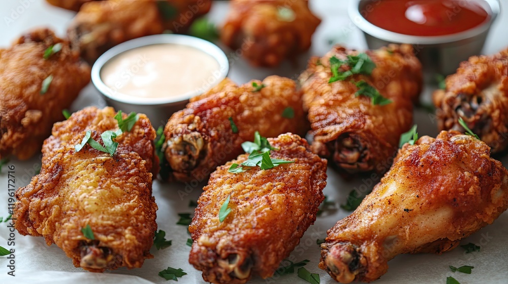 close-up of crispy fried chicken wings arranged on parchment paper garnished with fresh parsley and served with dipping close-up of crispy fried chicken wings arranged on parchment paper garnished with fresh parsley and served with dipping