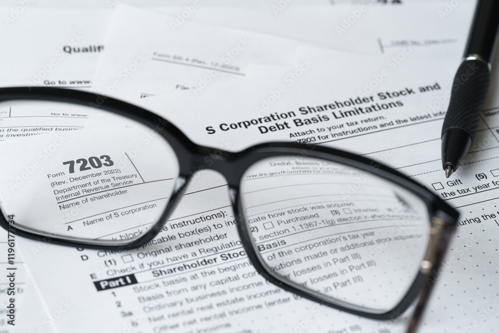 Form 7203, S Corporation Shareholder Stock and Debt Basis Limitations, Tax Document Close-Up Form 7203, S Corporation Shareholder Stock and Debt Basis Limitations, Tax Document Close-Up