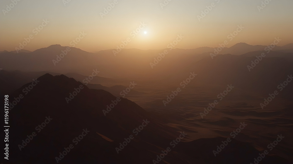 Fototapeta premium Desert Sunset Over Mountain Ranges, sunrise, mountains, landscape, scenery, nature