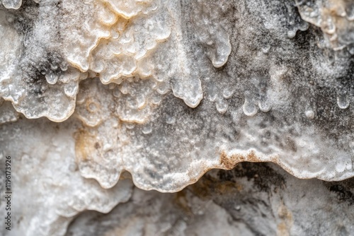 detailed close-up of stalactites and stalagmites in limestone cave with water droplets reflecting faint light photo