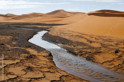 dramatic view of desert landscape with small flowing stream cutting through sand photo