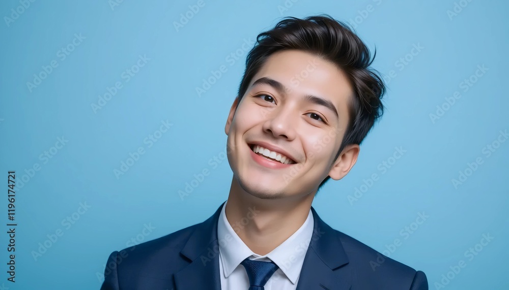 Portrait of a Smiling Young Man in Professional Attire with Bright Eyes and Warm Expression on Light Blue Background Portrait of a Smiling Young Man in Professional Attire with Bright Eyes and Warm Expression on Light Blue Background