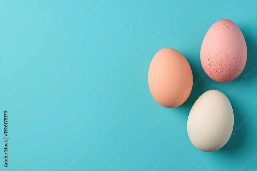 flat vector-style design featuring three pastel eggs arranged in triangle on vibrant blue background flat vector-style design featuring three pastel eggs arranged in triangle on vibrant blue background