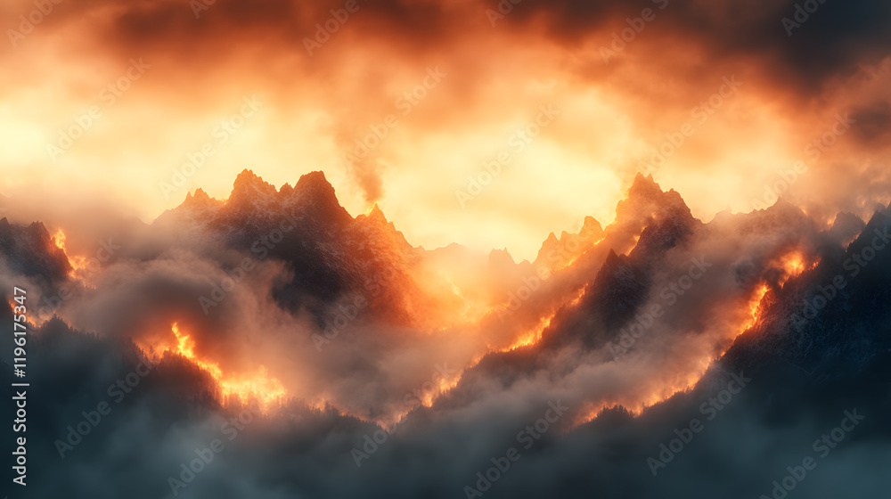 A forest fire ravages a mountainous area, with intense flames and heavy smoke rising into the atmosphere. The wind creates dynamic movements in the fire, pushing flames along the slopes. The dramatic A forest fire ravages a mountainous area, with intense flames and heavy smoke rising into the atmosphere. The wind creates dynamic movements in the fire, pushing flames along the slopes. The dramatic