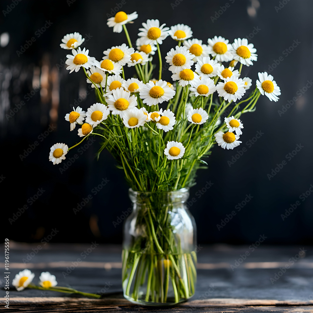 Bouquet of Daisies in a Glass Jar, chamomile, flowers, vase, white flowers, yellow center Bouquet of Daisies in a Glass Jar, chamomile, flowers, vase, white flowers, yellow center