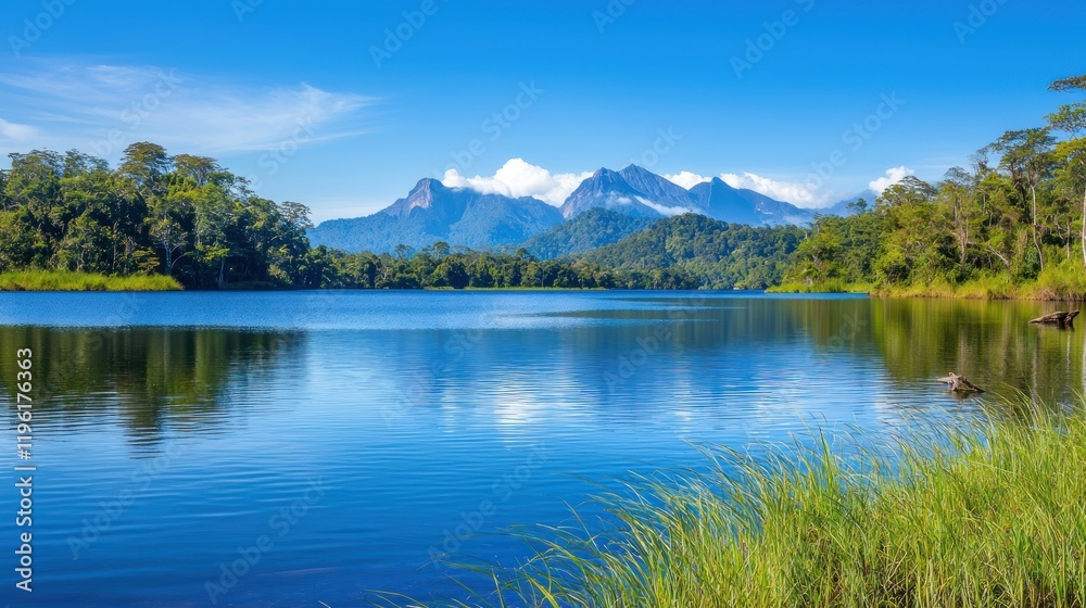 Tranquil Tropical Lake and Mountain View Tranquil Tropical Lake and Mountain View