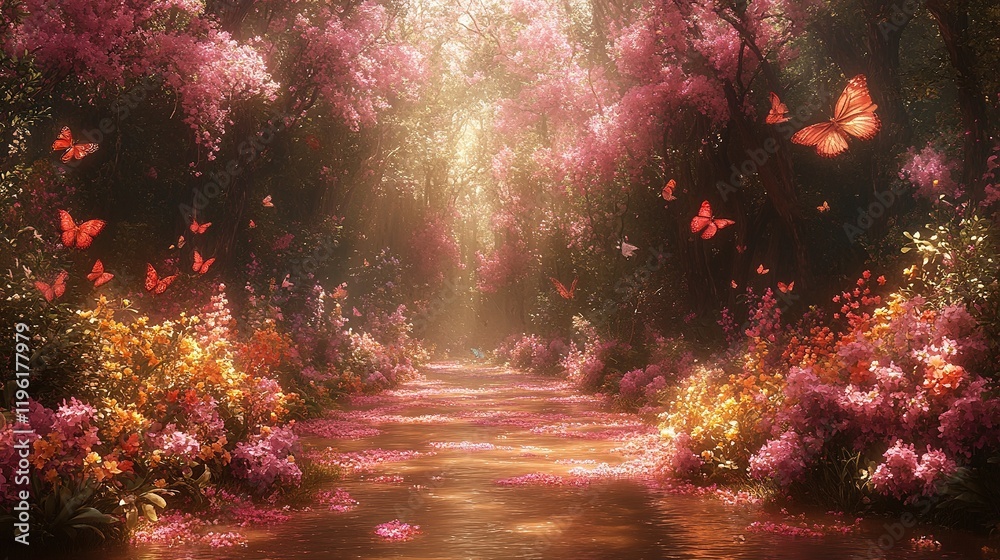 A serene forest path adorned with vibrant flowers and fluttering butterflies, evoking tranquility and beauty. A serene forest path adorned with vibrant flowers and fluttering butterflies, evoking tranquility and beauty.