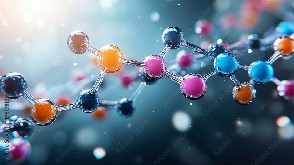 Close-up view of a molecular structure showcasing vibrant atoms against a blurred background Close-up view of a molecular structure showcasing vibrant atoms against a blurred background