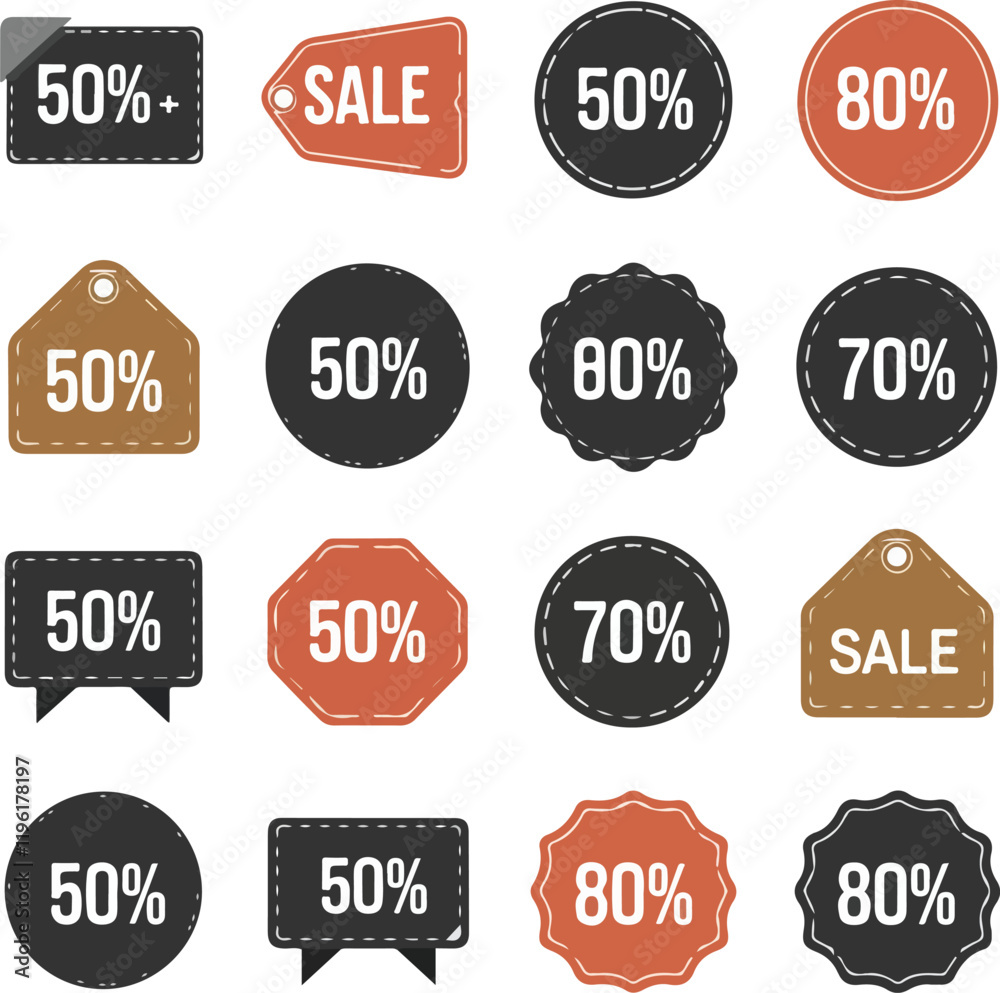 Obraz premium set of web stickers, banners, and labels with sale price tags, discount special offer symbols, and various percent discount signs.
