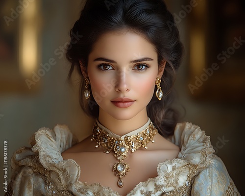 Elegant woman in antique dress and jewelry.