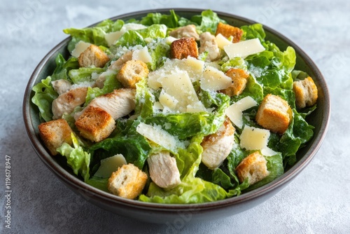 vibrant chicken caesar salad with crisp lettuce croutons and grated parmesan cheese served in modern bowl with generous