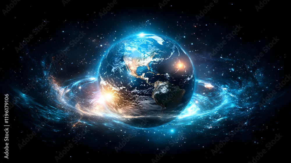 Obraz premium Earth in Space with Glowing Nebula, planet, universe, cosmos, galaxy, stars
