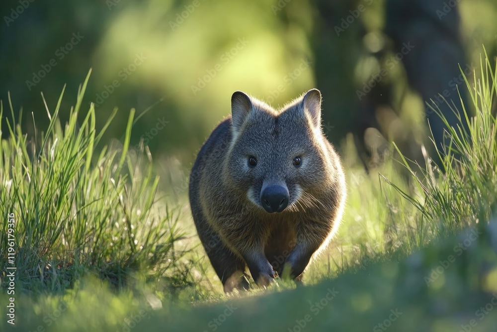 Naklejka premium wombat walking through tall grass in sunny clearing with shadows creating depth in background