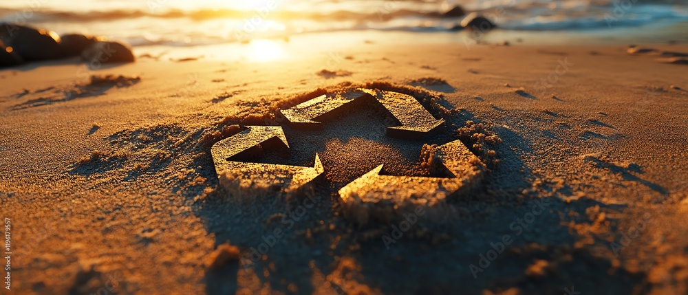 Obraz premium Sunlight shining on a recycling symbol carved into a sandy surface, detailed textures of sand, ecofriendly theme, warm golden hues, natural light effects, highdefinition rendering