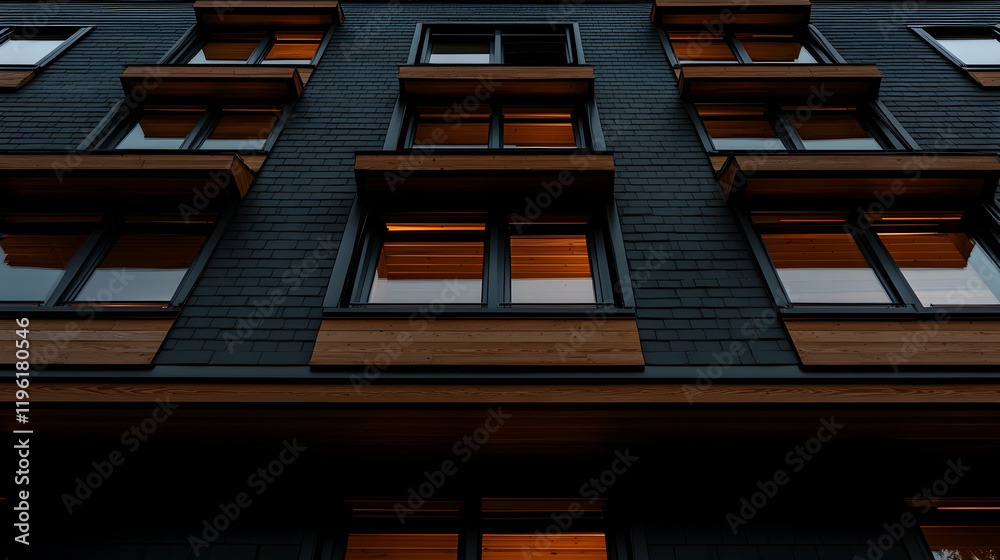 Fototapeta premium Modern Apartment Building Exterior at Night, modern architecture, windows, lights, dark, slate