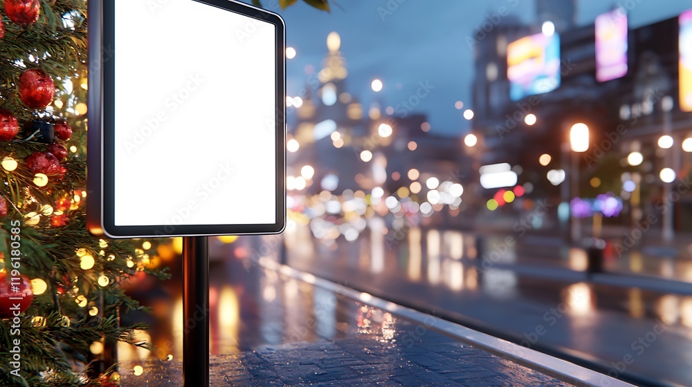 Blank Sign on Rainy City Street at Night with Christmas Lights Blank Sign on Rainy City Street at Night with Christmas Lights